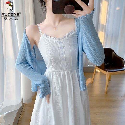 Holzspecker sanfter Stil weißer Hosenträger Kleid V-Ausschnitt kleine frische Urlaubstemperament Temperament Temperament und schlankes Kleid zweiteilige blaue Strickjacke + Hosenträger Rock Zwei-teilige Set M Empfohlenes Gewicht 95-105 Jin [Jin gleich 0,5 kg]