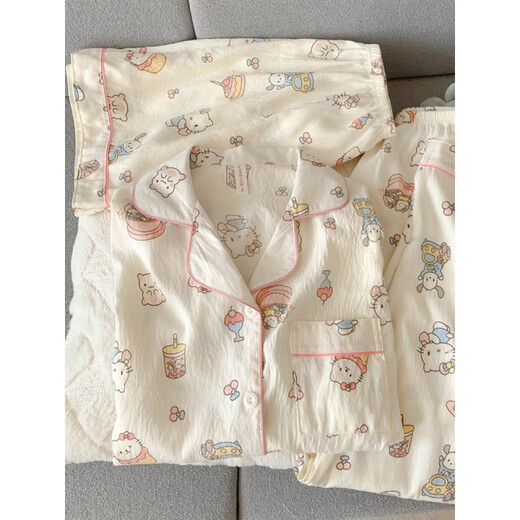 
Arctic velvet 2025 new helloKitty pure cotton gauze pajamas for women in spring and summer short-sleeved cute three-piece set home clothes Yunduo Cotton-J9901# Paradise Puppy Three-piece Set M [Suggested 75-100Jin [Jin equals 0.5 kg]]