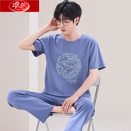 Langsha pajamas short-sleeved pure cotton trousers cotton summer men's thin summer youth middle-aged loose large-size home clothing set AY3527 L men's style 95-120Jin[Jin equals 0.5 kg]