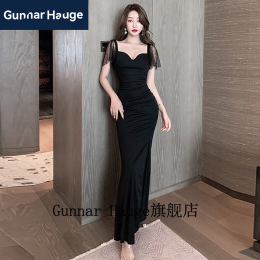Gunnar Hauge性感礼服性感洋装低胸气质晚礼服长版足浴桑拿技师沐足工作服 3883黑色 M 建议95-105斤