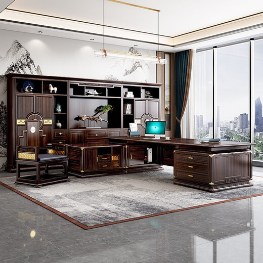 New Chinese style all-solid wood desk combination boss desk ash ebony wood high-end executive desk chairman's office 2.4m desk/ash wood
