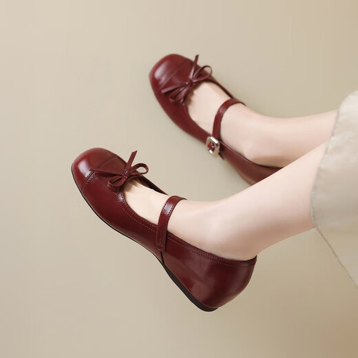 
ZHR single shoes for women with light mouth round toe bow Mary Jane women's shoes with skirt heightened ballet women's shoes AH687 burgundy 37