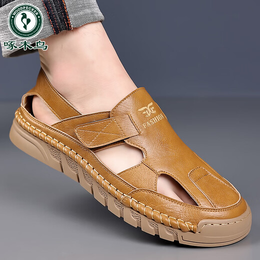 Woodpecker 2025 comfortable and versatile cowhide men's shoes for summer new genuine leather hollow hole shoes soft sole breathable beach shoes new 9197 new brown 38