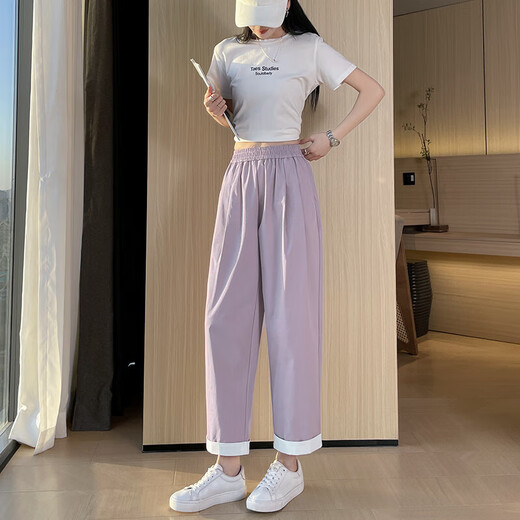 浅紫色冰丝哈伦裤子女2025新款夏季薄款冰丝裤大码显瘦休闲直筒裤 深灰九分 2XL 码 建议130-145斤