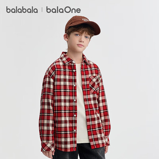 Bala BalaOne Boys' Shirt Children's Big Children's New Children's Clothes Autumn and Winter Plus Velvet Warm Plaid Red Tone 00366 140