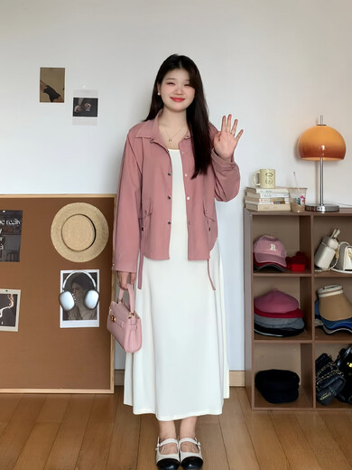 Cool Chapter (KUZHANG) slightly fat Meow Meow Pear-shaped mm autumn slim casual and versatile shirt suspender dress large size set 6636 mustard green shirt + black suspender dress 3XL