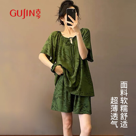 古今（GUJIN）夏季上新国风墨绿棉绸睡衣女家居服可外穿时尚短袖睡裤大码套装