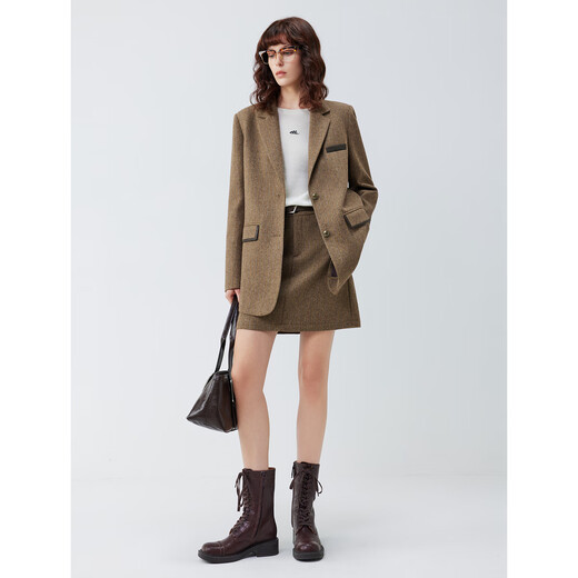 ELLE sheep wool herringbone texture suit jacket for women 2026 spring new wide shoulder casual silhouette suit coffee color S
