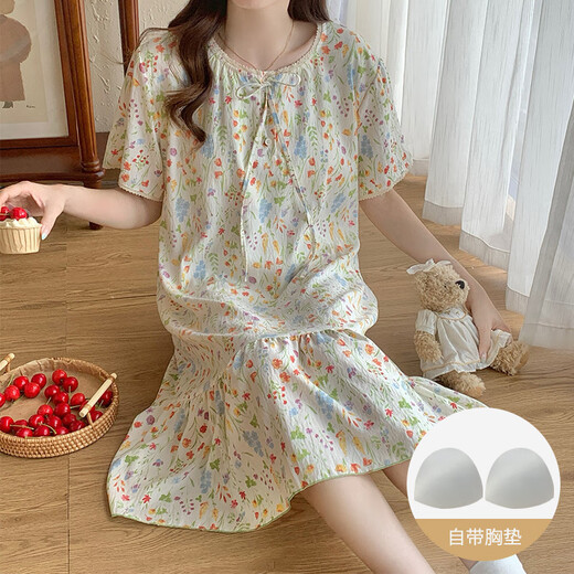 维多利亚的格调带胸垫睡衣女夏季2025新款宽松可爱韩版碎花睡裙中长款家居服大码 M16862【带胸垫】 M
