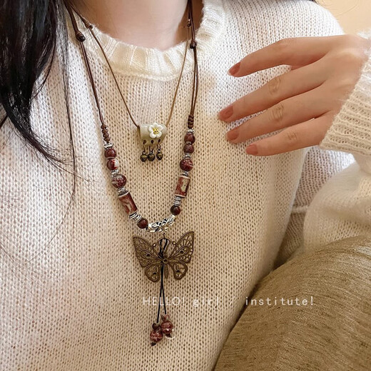 Ethnic style necklace long new Chinese style pendant accessories retro bohemian resort style ceramic braided rope necklace for women reddish kiln enlarged butterfly/1 pack