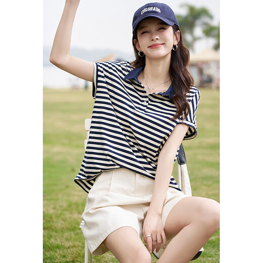 宜惜绮 polo领条纹t恤女短袖时尚正肩上衣2025夏季新款撞色凉感T恤小衫 米白色 698 S