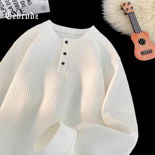 Cebrodz France long-sleeved t-shirt men's 2025 new boys casual loose textured bottoming shirt Henry collar versatile sweatshirt black L