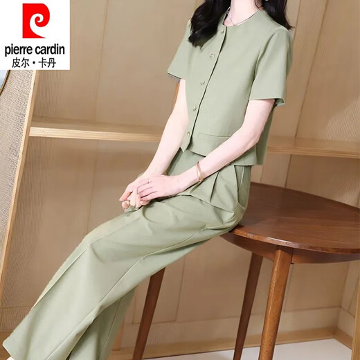 皮尔卡丹（pierre cardin）时尚套装女夏季2025新款洋气显瘦御姐圆领短袖衬衫直筒裤两件套女 12608-黑色套装 XL 【建议110-125斤】
