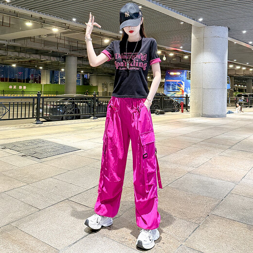 书与茶美式速干工装裤女夏季薄款广场舞运动裤2025新款曳步舞爵士舞裤子 黑色短款上衣8833+绿色长裤6628 3XL