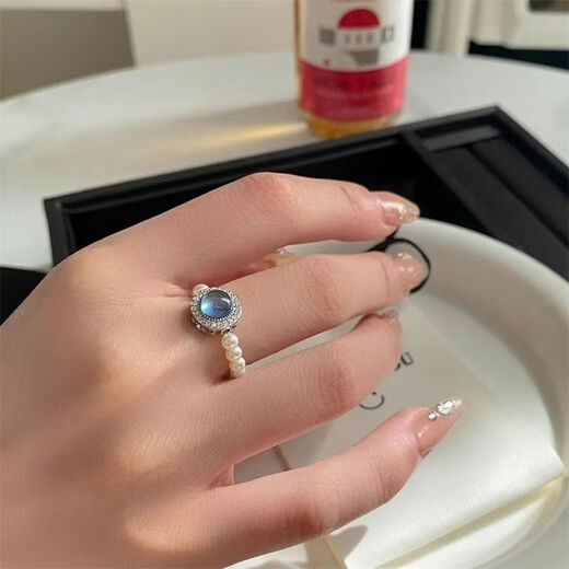 Aquamarine Pearl Ring Sea Blue Pearl Ring Niche Design High-end Temperament Hand Accessories Female Personality Sapphire Pearl Ring 1 piece