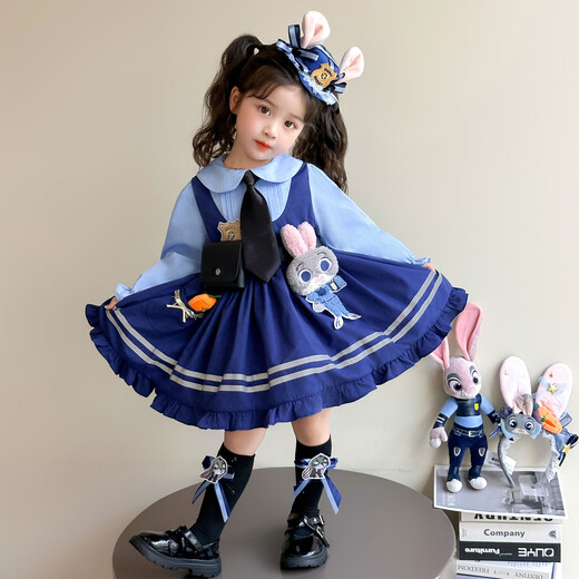 Dan Bird King Girls Judy Rabbit Police Officer Princess Dress Spring and Autumn Children's College Style Dress COS Clothing Girls Lolita Blue Dress + Tie 110 Codes