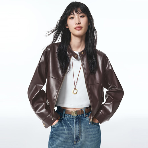 PEACEBIRD Women's Leather Jacket Gold Buckle Small Stand Collar Imitation Protein PU Leather Jacket Women's Truncated Motorcycle Maroon M