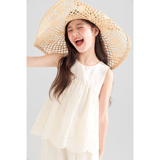 Mucmukn【岛城夏日】天丝莱赛尔 花边无袖背心小衫海边度假阔腿裤女童夏 裤子M52XK3881B米色 160