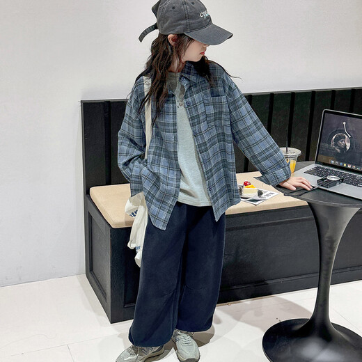 THINKPIRE Girls' Shirt Long Sleeve Children's Plaid Shirt Jacket 2026 New Girls Spring Clothes Fashionable Children's Clothes Thin Top Blue Size 150 Recommended Height 145CM