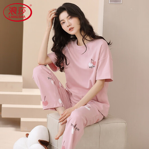 
LangSha 2025 summer new pajamas for women summer pure cotton short-sleeved trousers thin style can be worn on the outside cotton home clothing set YSH679 M [recommended to be 80-100 Jin [Jin equals 0.5 kg]]