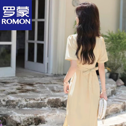 ROMON (ROMON) 2025 Summer New Design Traje Vestido con ajuste delgado de la cintura y temperamento delgado y falda a largo plazo amarillo brillante 2xl 130-140Jin [Jin equivale a 0.5 kg]