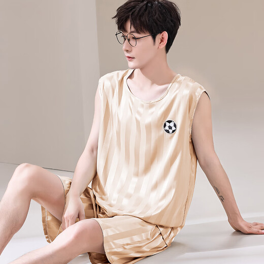 依慕琪夏季男士睡衣男大童初中学生冰丝夏天薄款背心睡裤夏款大码 情9901藏青男 L 男(100-120斤）