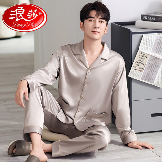 Langsha Men's Pyjamas Summer 2025 Nouveau ensemble de vêtements de maison décontractés en soie à manches longues et à manches longues peut être portée en dehors de 1098 # l [suggéré 100-135jin [Jin est égal à 0,5 kg]]]