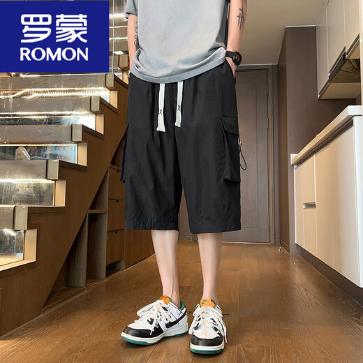 罗蒙（ROMON）军绿色工装短裤男夏季冰丝凉感七分裤子男潮牌宽松休闲哈伦运动裤 679军绿 M 约90-120斤可穿