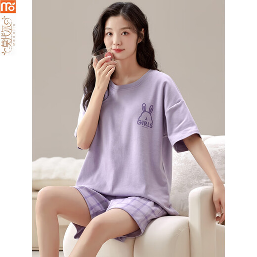 莫代尔睡衣女夏季2025年新款短袖套装自带胸垫一体薄款大码韩版可外穿 GXT1047 M (建议75-95斤)