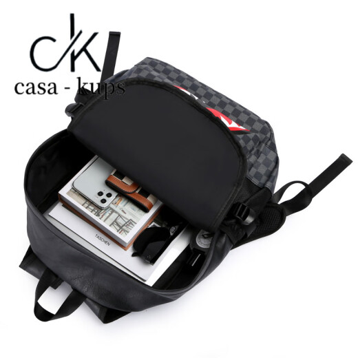 casa-kupsCK新款休闲男士双肩包潮酷鲨鱼旅行背包学生书包时尚格子电脑包手 黑色款二6625