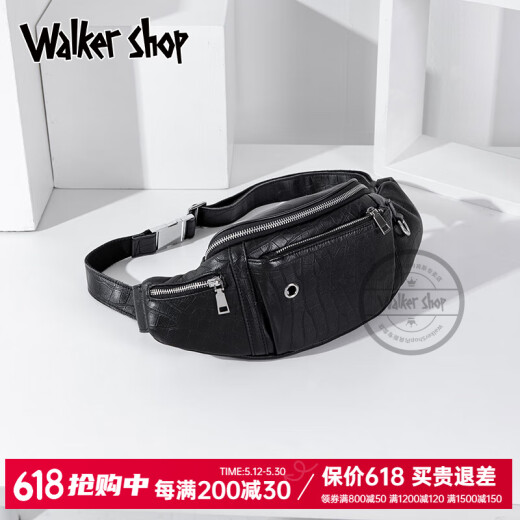 Walker Shop男士胸包真皮男腰包2025年新款休闲单肩斜挎包多功能大容量手机包 黑色