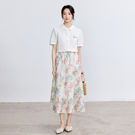 茵曼（INMAN）纯棉文艺绣花短袖白衬衫女2025夏季舒适百搭通勤翻领衬衣上衣 珍珠白 L