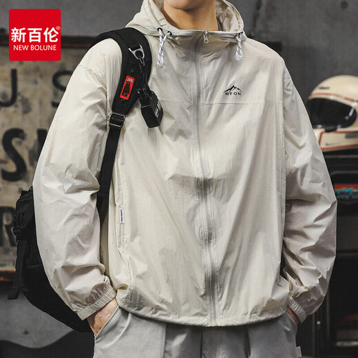 New Balance summer thin sun protection clothing men's hooded outdoor ice silk fishing clothing loose breathable anti-UV skin clothing off-white M 100-120Jin Jin equals 0.5 kg