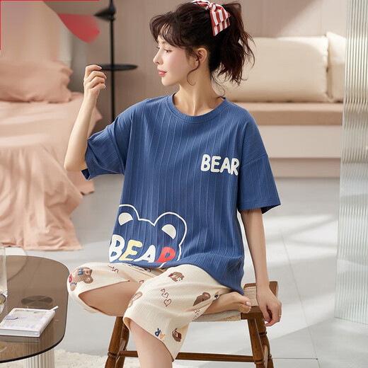 Super Fat Plus Women's 260 Jin [Jin ist gleich 0,5 kg] Heimkleidung Pyjamas Special Summer Cotton Kurzärmel 7 Minuten dunkelblau B9923 m (80-100 Jin [Jin entspricht 0,5 kg]))