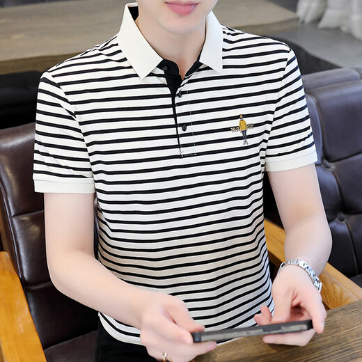 Hailan striped POLO shirt men's short-sleeved POLO shirt Korean style slim ice silk shirt summer trendy brand casual embroidered shirt 6626 gray M (90105Jin[Jin equals 0.5 kg])