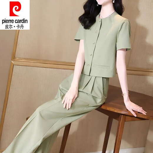皮尔卡丹（pierre cardin）时尚套装女夏季2025新款洋气显瘦御姐圆领短袖衬衫直筒裤两件套女 12608-绿色套装 2XL 【建议125-140斤】