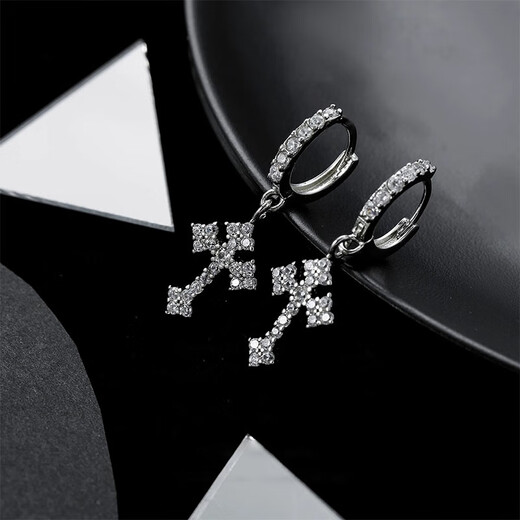 BJYL full diamond cross ear clip without pierced earrings men's hip-hop earrings trendy high-end niche earrings handsome men cross earrings single need piercing