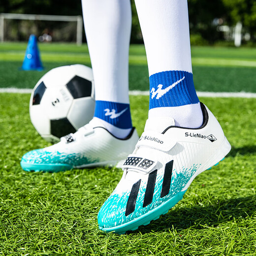 Cyubc Ronaldo Messi 2025 Neue Kinderfußballschuhe für Schüler Jungen Falcon TF gebrochene Nägel Klettverwalter Frauen Trainingschuhe 6199 Weiß und Blau gebrochene Nägel Klettverschluss kaufen Sie ein Paar fünf 29