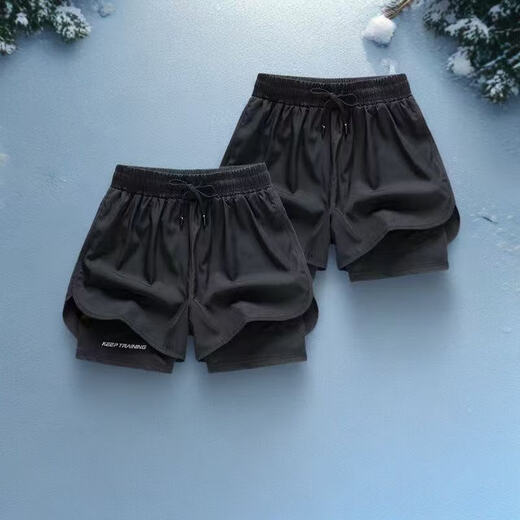 Sports shorts for men's fitness running marathon track and field loose three-quarter pants quick-drying lining anti-exposure double-layer shorts double-layer printed shorts black XL