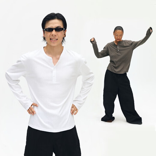 Dondup long-sleeved casual henley collar T-shirt simple white thin bottoming shirt heavy button polo top for men and women white S