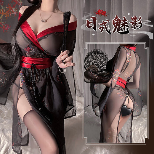 霏慕日式魅影印花和服套装透视露臀免脱诱惑6628情趣内衣性感纯欲 NY1ZFT003647日式魅影黑红【 均码（建议80-125斤）