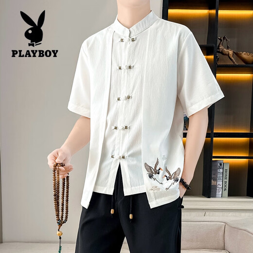 Playboy (Playboy) Traje de camiseta de manga corta de estilo chino para hombres falsos de dos piezas de dos piezas a cuadros a cuadros Lino de algodón de algodón de dos piezas One Set New Chinese Stand-up Collar T 9887 White [superior + pantalones] Manga larga M 110Jin [Jin equivale a 0.5 kg]