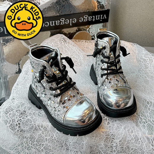 G.Duckkids Kinder Martin Boots Girls Autumn Single Stiefel 2025 Neue britische vielseitige Kurzstiefel mit mittlerer Kinder-Pailletten-Mode-Lederstiefel schwarz 31 innere Länge 19,6 cm