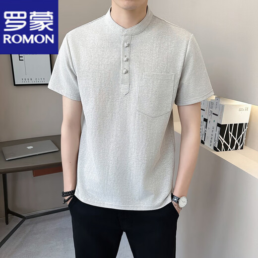 罗蒙（ROMON）短袖t恤男夏季新款修身休闲中青年立领上衣服半袖透气免烫舒适男 9855米灰 M
