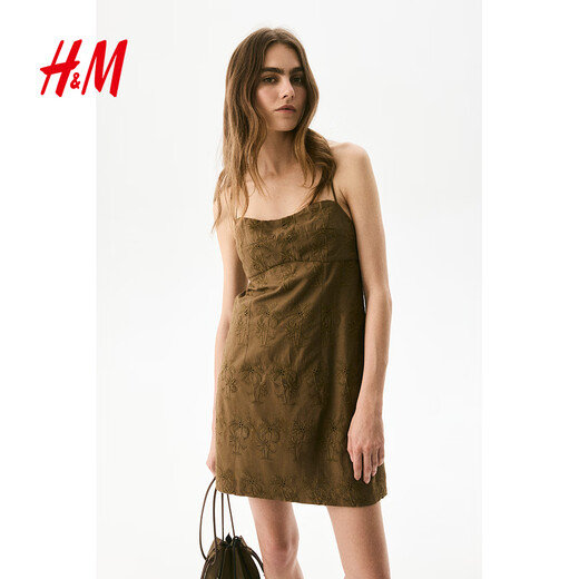 H&M2025夏季新款女装时尚休闲百搭刺绣吊带连衣裙1293954 棕色 M 165/96