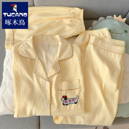 Woodpecker Daschampagne Pajamas Women's 2025 New Summer Pure Cotton Gauze Short Sleeve Three-Piece Set Cardigan Cotton Silk Home Clothing Yunduo Cotton-J9901# Paradise Puppy Three-Piece Set M [Suggested 75-100Jin [Jin equals 0.5 kg]]