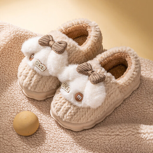 京东京造时尚包脚儿童棉拖鞋男女童毛绒蝴蝶结包跟保暖棉拖鞋卡其色30-31