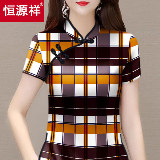 Hengyuanxiang Summer New китайского стиля Футболка кнопки кнопки 2025 года в китайском стиле Printed Retro улучшенный воротник Cheongsam Slim Slim Top на рукаве 998 693 цветовой клетки xs