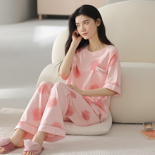 爱慕玫贵睡衣女夏季纯棉短袖长裤薄款全棉夏天女士家居服套装春秋季 YZT9712主图款 短袖长裤 M 80-100斤