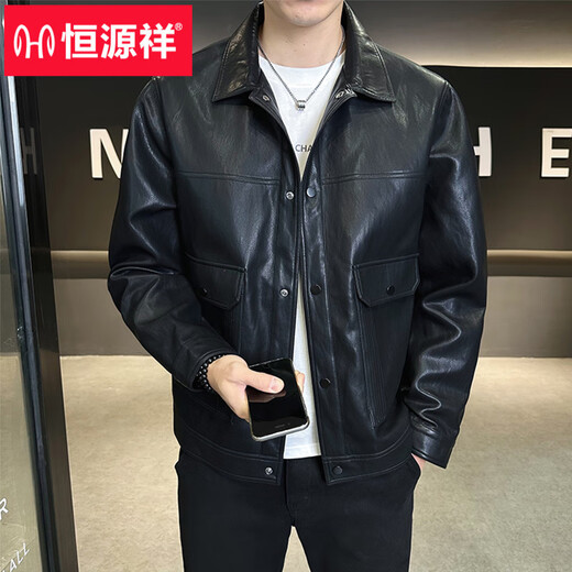 Hengyuanxiang Men's Leather Jacket Spring 2026 New American Fashion Brand Casual Lapel Men's Pilot Motorcycle Leather Jacket Brown XL